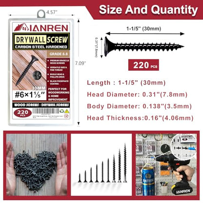 #6 1-1/5" Black Drywall Screws Wood Screws 220pcs - Fine Thread Phillips Head for Cabinet Hardware Drawer Slides & Decorative Trim (Rust-Resistant Black Oxide) - size: #6 x 1-1/5(220pcs), style: Fine Thread