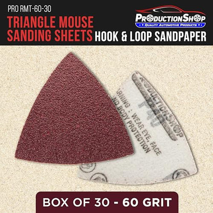 ProductionShop Premium 60 Grit Triangle Mouse Detail Sander Sandpaper Sheets, Box of 30 - Hook & Loop, Triangular Shaped Mouse Disc Pads - Oscillating Multi-Tools - Woodworking, Sand Furniture Paint - style: 60 Grit