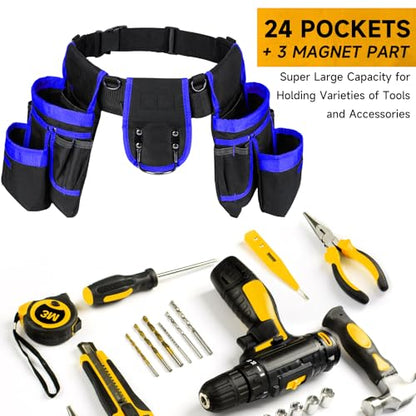 Tool Belt with 4 D-Rings,27-Pockets Tool Belts for Men,Construction - color: Blue & Black, size: 27 Pockets