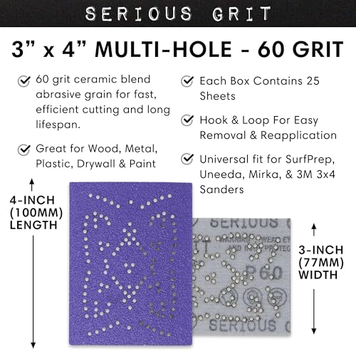 Serious Grit - 3x4 P60 Grit Ceramic Multi-Hole Sanding Sheets - 25 Pack - style: 60 Grit