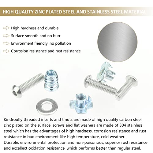 1/4-20 Threaded Inserts for Wood, T Nuts, Bolts With Button Head Socket Cap Screws (3/4", 1", 1/4"), Washers and Hex Wrench - 64 Pieces - size: 1/4"-20 Nut Bolt Assortment Kit, 64 Pieces