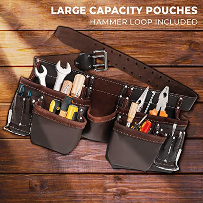 Leather Tool Belt Pouch Bag, Comfort Back Support Tool Pouches with Suspenders for Construction,Framers,Carpenter,Handyman (Black, Extra Large)30" waist size up to 56" (12 POCKET BROWN) - size: 12 Pocket Brown