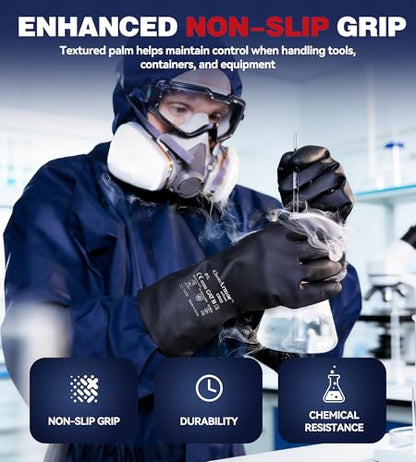 AnTools 2 Pairs Heavy-Duty Chemical Resistant Rubber Gloves, Protective Industrial Gloves for Cleaning, Dishwashing, Resist Acid, Alkali, Hazmat, Black, Large