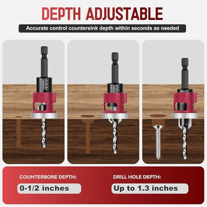 7Pcs Countersink Drill Bit Set, M2 HSS Spiral Flute Wood Drill Bits