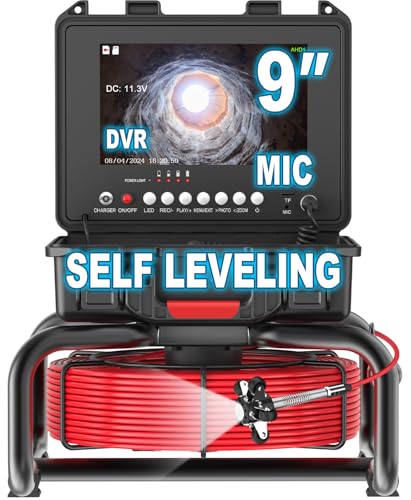Anysun Self Leveling Sewer Camera 100Ft, Sewer Inspection Camera with 9'' 1080P Screen & DVR, IP68 Waterproof Drain Pipe Camera Plumbing Camera Borescope Camera with Light, 32GB Card(Red Cable) - size: 100Ft/30M, Self Leveling