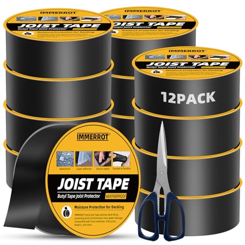 12 Pack Joist Tape for Decking 1-5/8" x 50' Weather-Resistant Butyl Joist Tape, Self Adhesive Deck Flashing Tape for Wood Decks Beams Roof, 1-5/8 inch x 50 feet - size: 1-5/8" x 50'