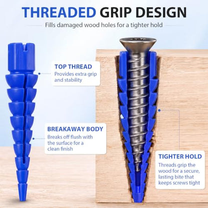 Bokon 60 Pcs Wood Anchor, Stripped Screw Hole Repair Kit,Blue - color: Blue