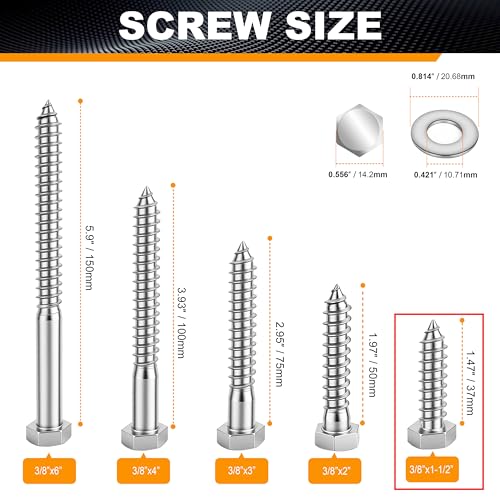 Hex Head Lag Bolts for Wood, Lag Screws 3/8" x 1-1/2",12 PCS - size: 3/8" x 1-1/2"