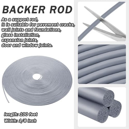 Frienda Backer Rod Foam Rubber Caulk Saver Concrete Expansion Joint Filler Weather Strip Seal for Gaps and Joints (Grey,1/8 Inch x 100 ft) - color: Gray, size: 1/8 Inch x 100 ft