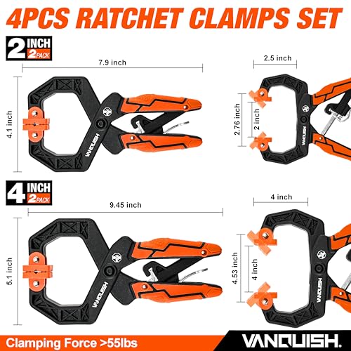 VANQUISH 4-Pack Quick-Release Ratcheting Wood Clamps for Woodworking, Professional Hand Clamps, Ergonomic Handles, 55 LBS Clamping Force, 2-Pack 4 Inch and 2-Pack 2 Inch - size: 4 Pack Mixed