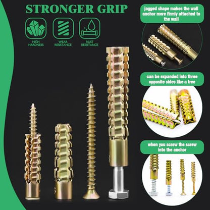 180Pcs / 90 Sets 4 Size Steel Wall Anchor with Screws, 5x30mm, 6x32mm, 8x38mm, 10x60mm Heavy Duty Loose Hinge Hole Repair Kit for Concrete, Hollow and Wooden Wall