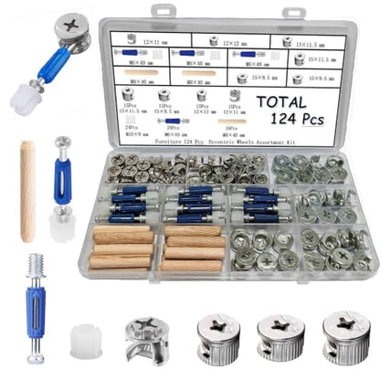 OFCOX 124Pcs 3 in 1 Cam Lock Screws and Nuts Set, Heavy Duty Zinc Alloy Furniture Connecting Fittings, Twist Lock Fasteners Bolts Dowels for Cabinet Drawer Dresser Cupboard Hardware Spare Parts Kit
