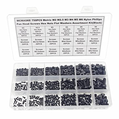 750PCS M2-M6 Black Nylon Phillips Pan Head Screws Nuts Washers Kit - size: M2, M2.5, M3, M4, M5, M6