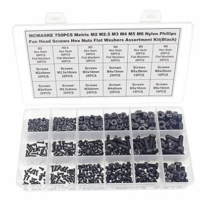 750PCS M2-M6 Black Nylon Phillips Pan Head Screws Nuts Washers Kit - size: M2, M2.5, M3, M4, M5, M6