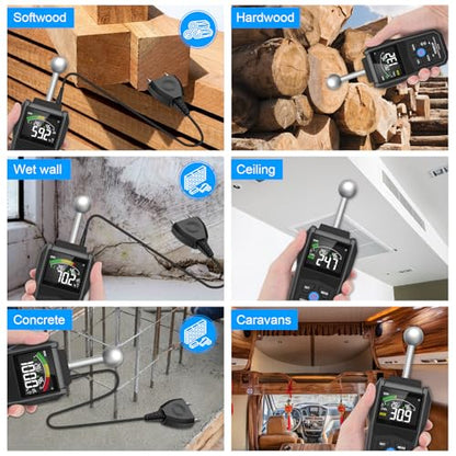 Pin & Pinless Moisture Meter with Color LCD & Acoustic Alarm, Detects up to 20-40 mm; Digital Moisture Detector for Wood, Drywall, Masonry & Other Building Materials