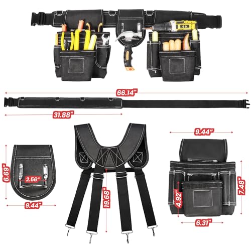 Professional Tool Belt for Men, Magnetic Tool Pouch with Suspenders - color: Black