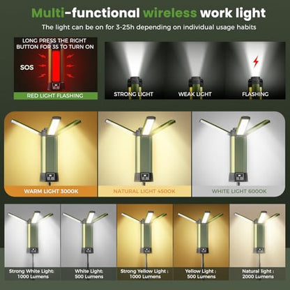 Rechargeable Work Light with Stand, Magnetic Base, Hook & Tripod (Middle) - color: Green Small Rechargeable Work Light with Stand