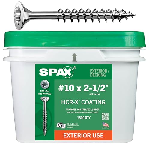 SPAX #10 x 2-1/2" Exterior Flat Head Deck Wood Screws Construction Torx T-Star Plus (1500 EA) Bulk Pail Bit Included Rust Resistant - size: #10 x 2-1/2"