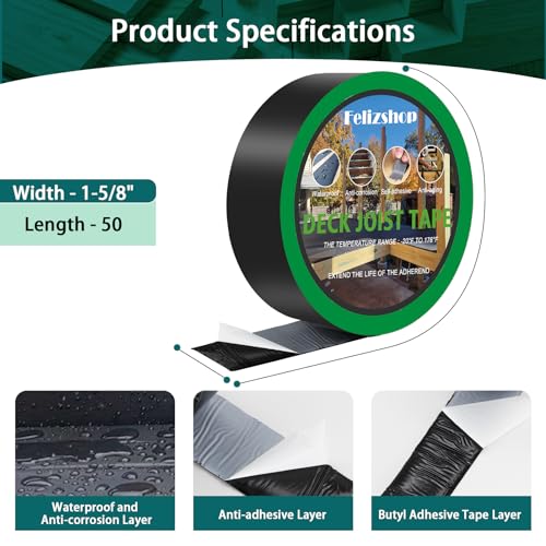 Joist Tape, 1-5/8" x 50' Deck Joist Tape, Waterproof Butyl Tape, Self-Adhesive Deck Butyl Tape, Butyl Flashing Tape,Joist Tape Decking for Protect Beams and Wood Decks (8 Rolls) - style: 1 5/8"x 50'-8 Roll