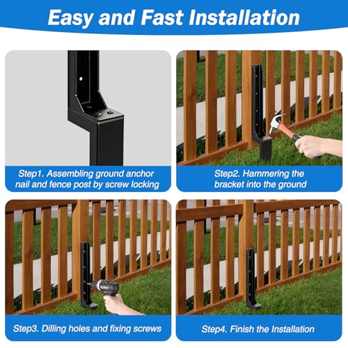 （2026 Upgraded） Heavy Duty Steel Fence Post Repair Bracket, Ground Spike Anchor for Fixing Leaning Broken Wooden Fence Posts, 31.5 Inch Height, Black 4-piece Set (4)