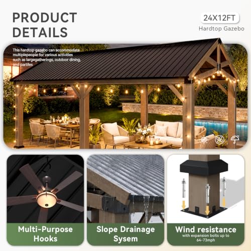 Aoxun 12' x 24' Wood Gazebo with Galvanized Steel Gable Roof, Gray - color: Taupe Gray, size: 12' x 24'