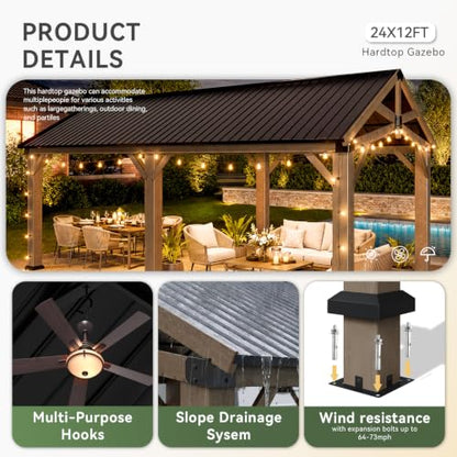 Aoxun 12' x 24' Wood Gazebo with Galvanized Steel Gable Roof, Gray - color: Taupe Gray, size: 12' x 24'