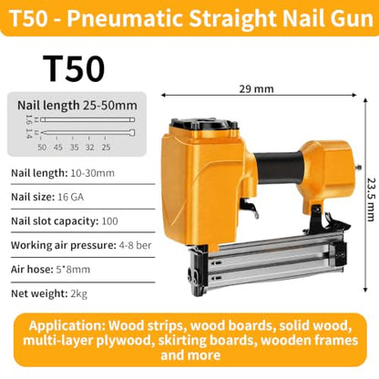 Nail Gun, Framing Pneumatic Nail Gun, 16GA, Nail Slot Capacity 100 for Upholstery, Diy Project, Woodworking, T50 - color: Orange-t50