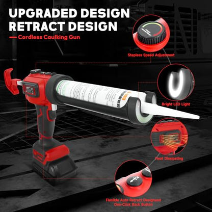 Cordless Caulking Gun for Milwaukee M18B2 Battery, Electric Caulk Adhesive Gun with 450lm LED Light,Stepless Speed,280KG Thrust Drip-free Caulk Gun,10oz/300ml Caulking Tool for Sealing(Tool Only)