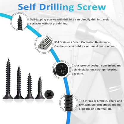 200PCS #8 Black Wood Screws Assortment Kit, 304 Stainless Steel Screws, Drive Sheet Metal Self Tapping Screws with Screwdriver Bit, 6 Sizes (2”,1-1/2”,1-1/4”,1”,3/4”,1/2”) - style: Black #8 Flat Head Set 200PCS