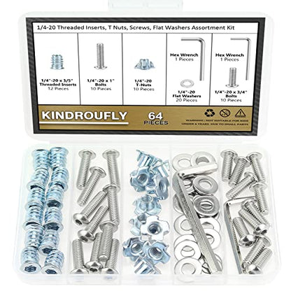1/4-20 Threaded Inserts for Wood, T Nuts, Bolts With Button Head Socket Cap Screws (3/4", 1", 1/4"), Washers and Hex Wrench - 64 Pieces - size: 1/4"-20 Nut Bolt Assortment Kit, 64 Pieces