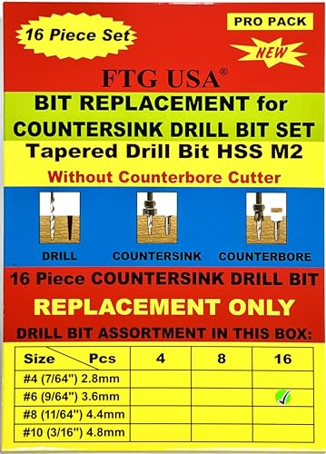 FTG USA 16Pc #6 (9/64") Replacement Countersink Drill Bit Set Tapered Bits - size: #6 (9/64"), style: 16 Bits w/o cutter
