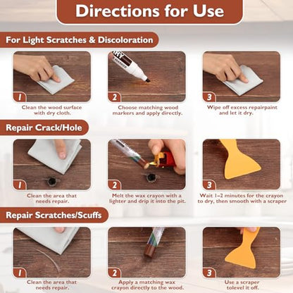 46PCS Wood Furniture Repair Kit, Furniture Touch Up Markers with Wood Fillers, Putty & Beeswax for Scratches, Cracks, Holes, Floors, Tables, Cabinets & Doors