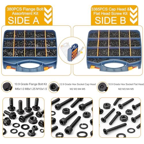 ZTF 3745PCS Metric Bolt Assortment Kit, M2-M10 Hex Socket Screws & Nuts - size: Flange+Flat+Button Head