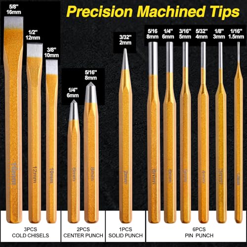 12-Piece Punch and Chisel Set, Heavy Duty Heat Treated Metal Punch