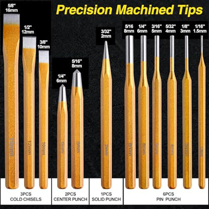 12-Piece Punch and Chisel Set, Heavy Duty Heat Treated Metal Punch