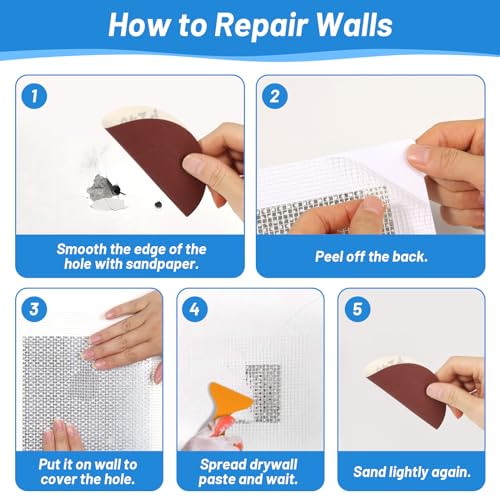 12 PCS 4/6/8 Inch Wall Repair Patch Kit, Aluminum Mesh Dry Wall Hole Repair Patch with Scraper Sandpapers Gloves Heavy Duty Wall Repair for Large Holes Quick Fixes - color: 12 PCS 4/6/8inch Wall Repair Patch Kit
