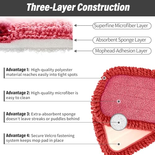 16.5" Microfiber Mop Pads Refills, 3 Pack Reusable Replacement Heads - color: 16"red Rolled*3