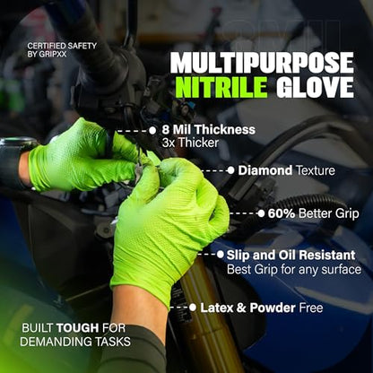 GRIPXX Herkules Grip Heavy Duty 8Mil Nitrile Gloves,3D Raised Diamond Texture-Latex & Powder Free-Industrial, Mechanic - color: Green, size: Small