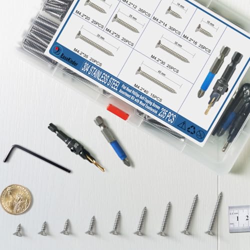 235PCS Wood Screws Assortment Kit, #8 Self Tapping Screw Set (9 Sizes) - size: SS304 M4.2