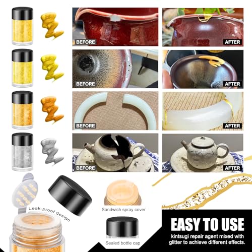 Kintsugi Repair Kit - Gold ＆ Silver Food Safe Glue for Pottery and Porcelain Repair, Ceramic Repair Resin for Bowls, Plates, Vases, Jades, Newbie Friendly, Meaningful Presents for DIY Art Enthusiasts