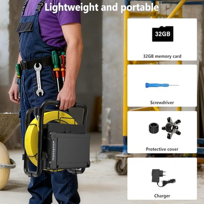 Sewer Camera 7 inch with Meter Marker, 100ft Pipe Endoscope with 32GB DVR, 20x Zoom, 12 LED Lights, IP68 Waterproof 23MM 1080P Camera for Pipe Inspection - size: Without Self leveling