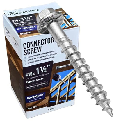 SD10112R500 Connector Screws, #10 x 1-1/2" Heavy-Duty Joist Hanger Screws, 1/4" Hex Head with 0.370"-Dia, Replace 10D Nails, Prem-Galvanized, Corrosion-Resistant and Wear-Resistant (500-Qty)