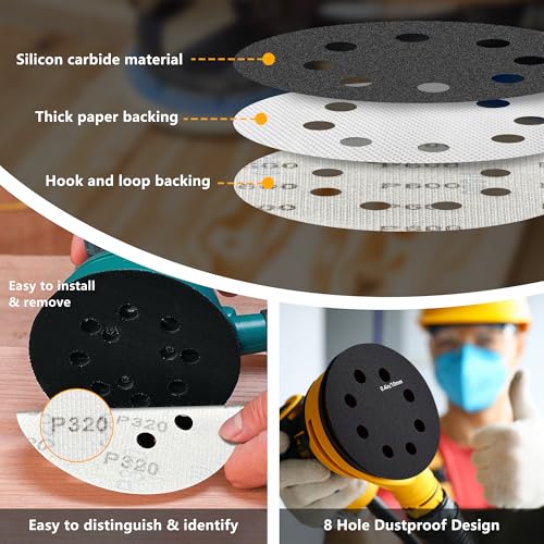 100 Pcs 5 inch Sanding Discs Wet Dry Sandpaper Hook & Loop 8 Holes,180 240 320 400 600 800 1000 1500 2000 3000 Grit Assortment Silicon Carbide Sandpaper for Automotive Wood Metal Glass Polishing