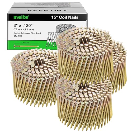 meite Siding Nails 3 Inch Ring Shank 15 Degree Coil Nails 4,500PCS - size: 3 inch, style: Ring Shank