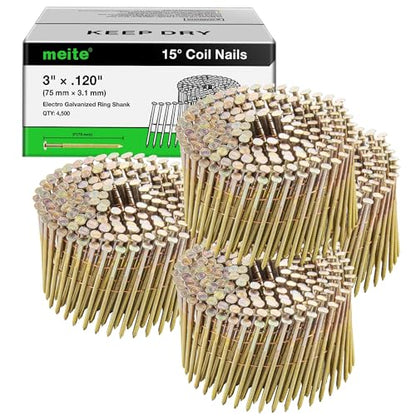 meite Siding Nails 3 Inch Ring Shank 15 Degree Coil Nails 4,500PCS - size: 3 inch, style: Ring Shank