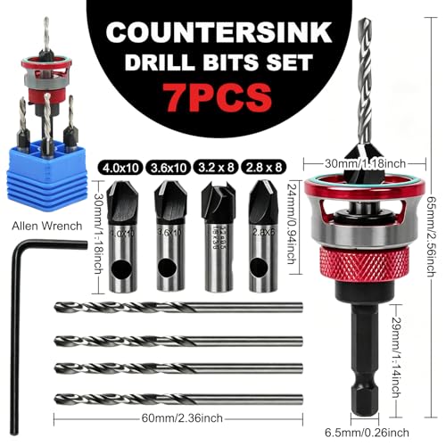 Countersink Drill Bits Set, 4PCS 4-Flute HSS M2 Bits with Depth Stop - color: Red
