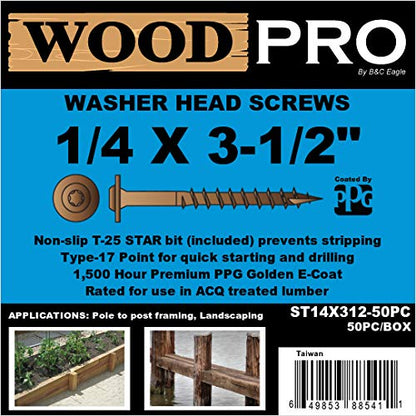 WoodPro Fasteners ST14X312-50PC 1/4-Inch by 3-1/2-Inch Length Round Washer Head Exterior Wood Screws, 50-Pack , Gold
