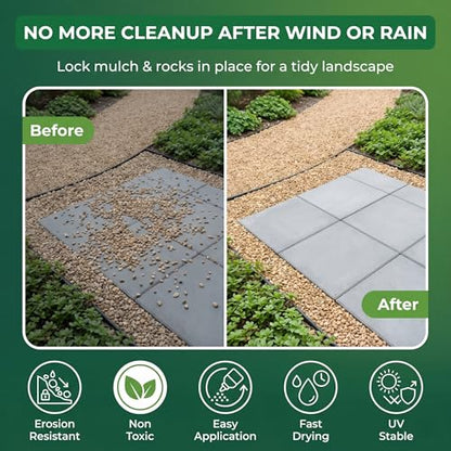 BOLDFORGE Mulch Glue for Landscaping with Sprayer, 34 fl oz Rock Glue and Gravel Binder, Pet-Friendly, Non-Toxic, Odorless and Clear-Drying Adhesive for Pea Gravel, Pebbles, Bark and Mulch - size: 2 Liter