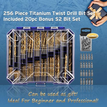 276pc Titanium Twist Drill Bit Set with S2 Bits 135° Tip High Speed Steel, Size from 1/16" up to 1/2", Ideal in Wood Cast Iron Aluminum Alloy Plastic Fiberglass, Clear Lid Case - size: 276 Piece Twist Drill Bits Set 135°