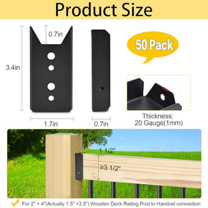 LukLoy 50 Pack 2x4 Brackets for Wood Rail, Black Deck Railing Brackets Connectors for 2" X 4" ( Actually 1.5" X 3.5" ) Wood Post, 20-Gauge Fence Brackets, Screws Not Included - style: Black-50